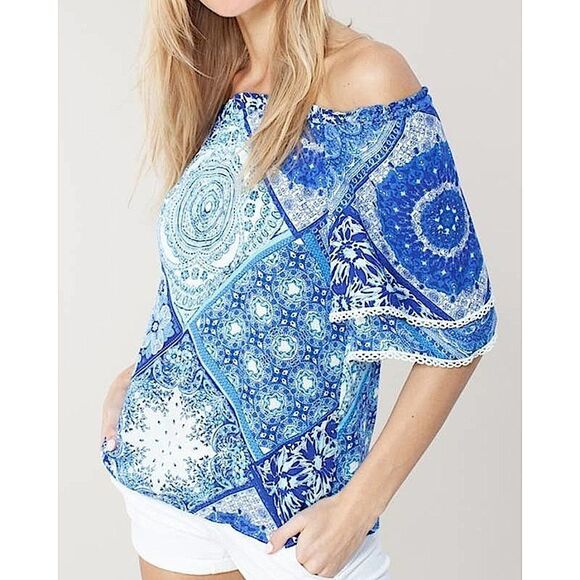 Hale Bob Iliana Off the Shoulder Printed Top Blouse Boho Floral Crochet NEW NWT - Picture 2 of 12